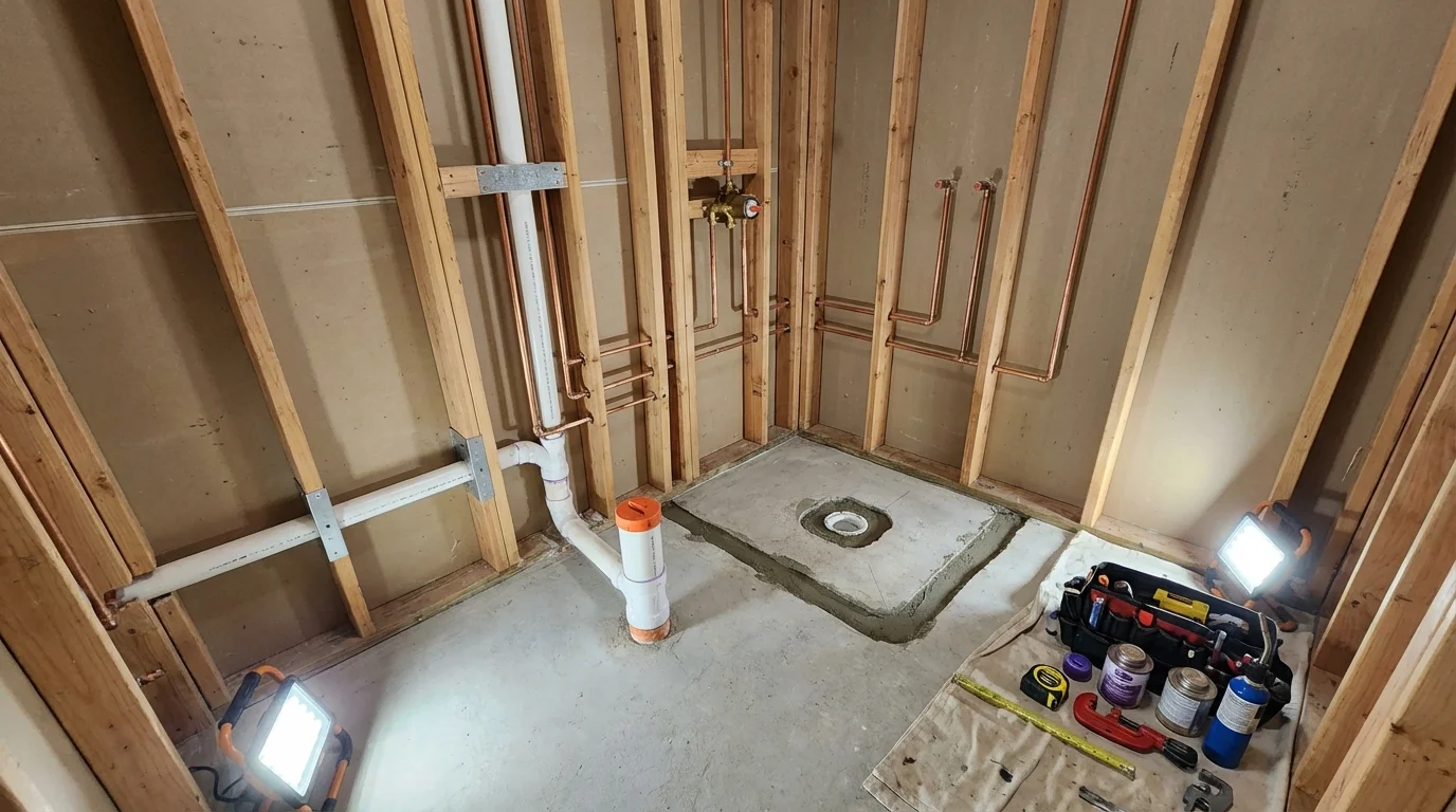 Bathroom rough-in plumbing during remodel by Johns Plumbing LLC in Briarcliff Manor