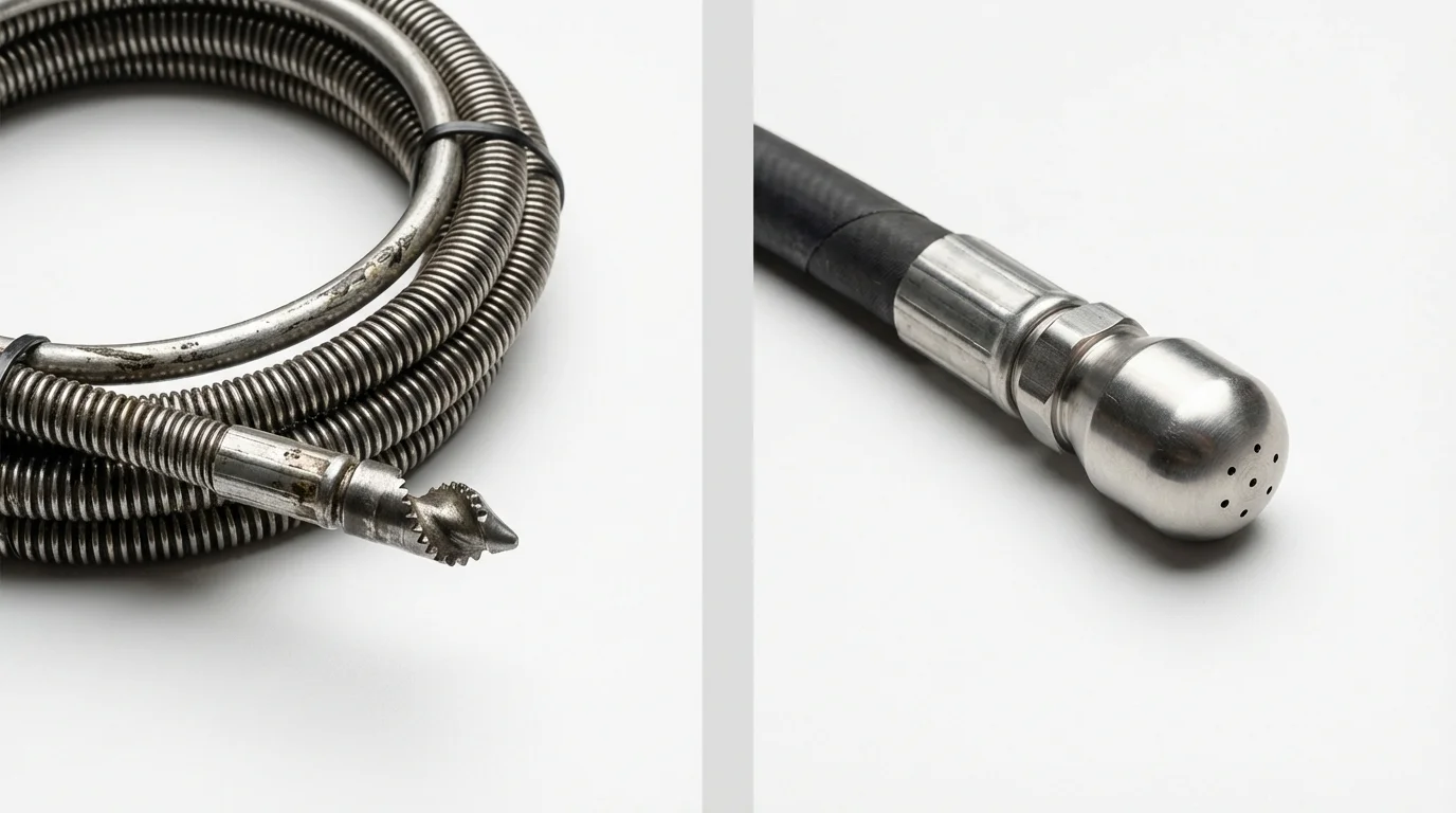 Drain snake cable and hydro jetting nozzle used for drain cleaning in Briarcliff Manor, NY