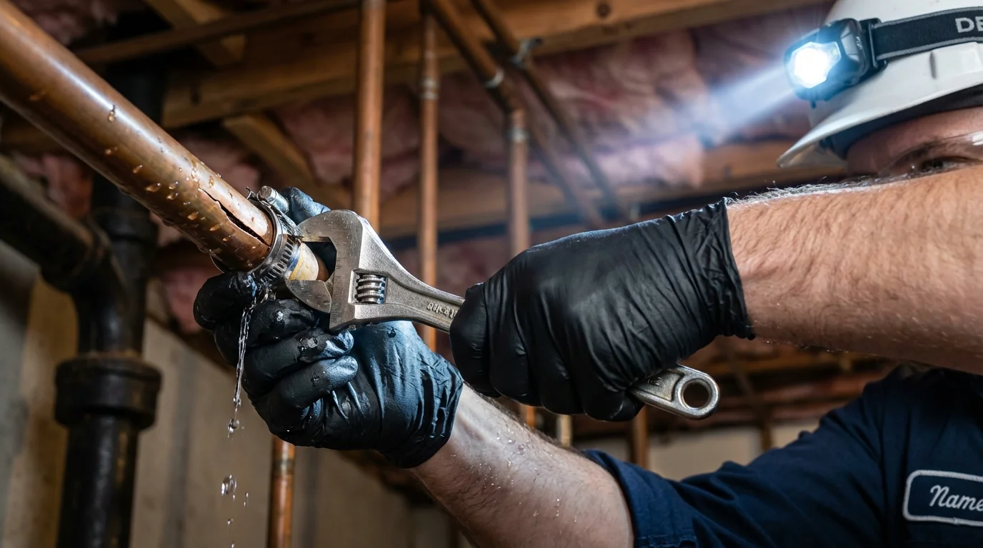 Emergency pipe clamp repair being performed by a Johns Plumbing LLC plumber in Briarcliff Manor