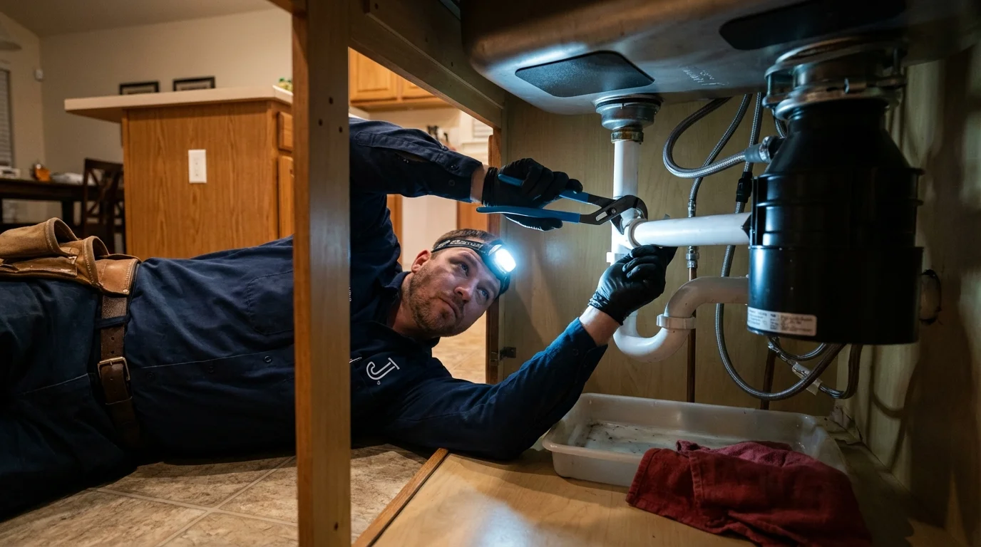 P-trap and supply line connections under a kitchen sink showing a common leak point in Briarcliff Manor, NY